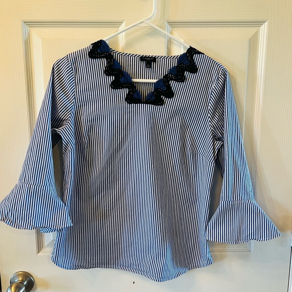 Talbots Blue and White Striped Blouse with Navy Accents and Bell Sleeves
